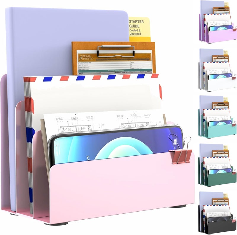 OUTIOE Mail Organizer Countertop, Small Desk File Organizer, Metal File Holder - Essential Workspace Organizers for Office Desk, Home Office (Pink) - Image 1